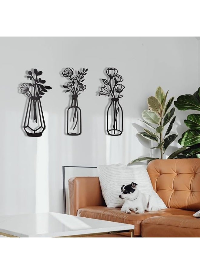 MIRFA Wooden Wall Art With Self Adhesive Base - Black (Flower Vases - Pack of 3) - Image 4